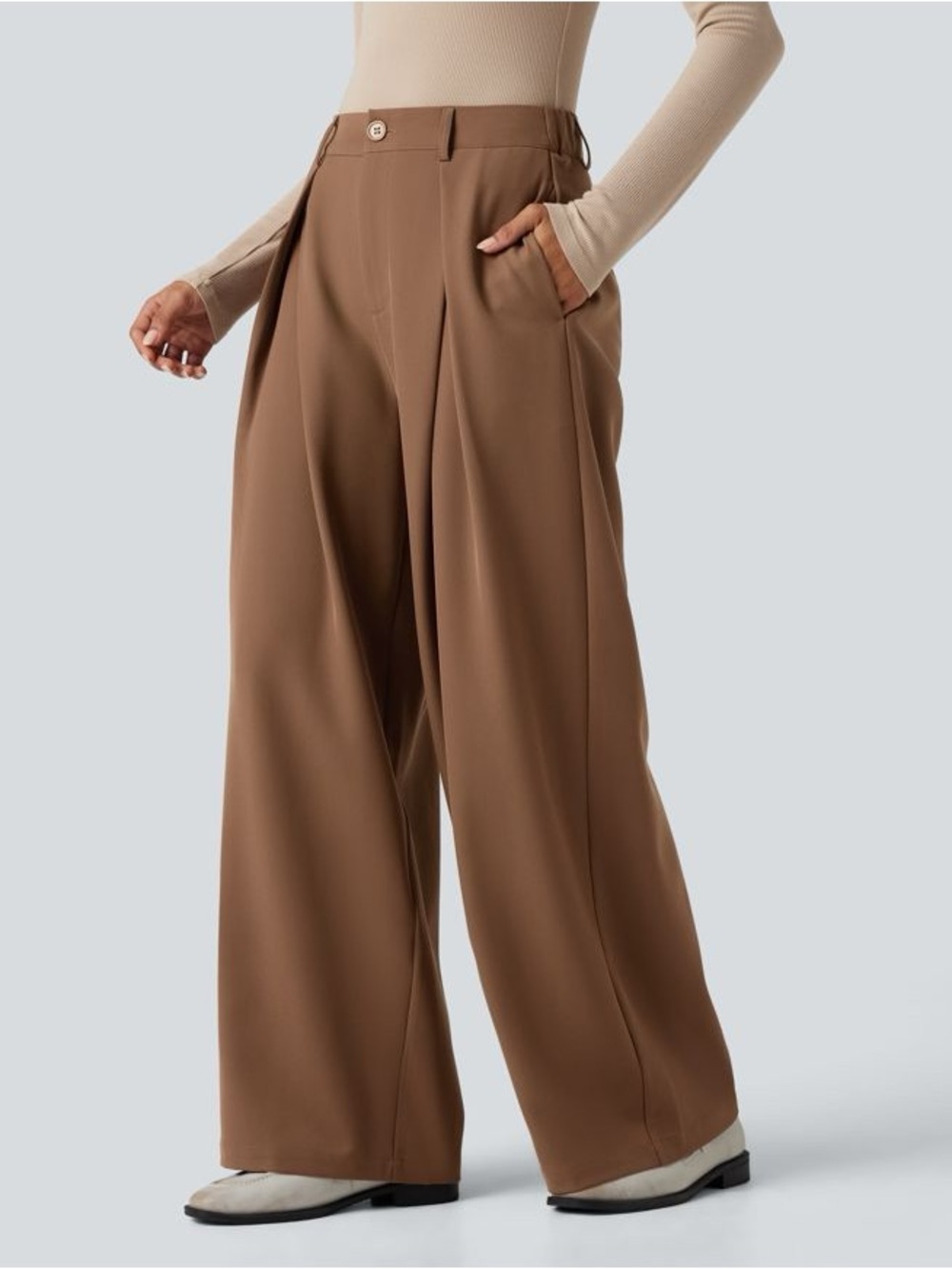 NWT Halara High Waisted Work Wide Leg Pants Pockets Partridge Brown XL Pleated